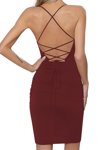 Missufe Damen Sommerkleid Freizeit U-Ausschnitt Spaghettiträger Rückenfrei Schnürung Figurbetontes Kurzes Kleider (Burgunderrot, Groß) von Missufe