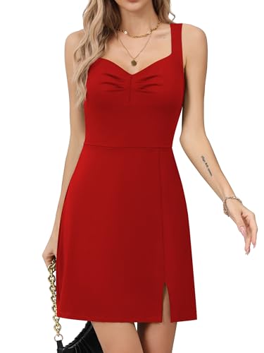 Missufe Damen Sommerkleid Freizeitkleid A Linien Ärmellos Kleider mit Schlitz (Rot, Large) von Missufe