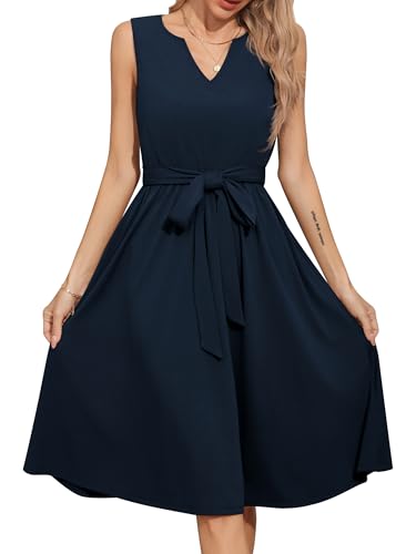 Missufe Damen Sommerkleid Freizeitkleid A Linien Swing V-Ausschnitt Ärmellos Kleider mit Krawatte (Marineblau, Medium) von Missufe