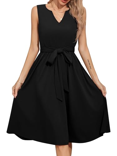 Missufe Damen Sommerkleid Freizeitkleid A Linien Swing V-Ausschnitt Ärmellos Kleider mit Krawatte (Schwarz, X-Large) von Missufe