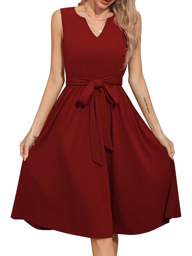 Missufe Damen Sommerkleid Freizeitkleid A Linien Swing V-Ausschnitt Ärmellos Kleider mit Krawatte (Weinrot, X-Large) von Missufe
