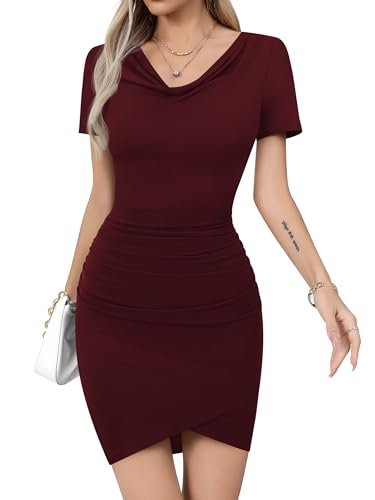 Missufe Damen Sommerkleid Freizeitkleid Bodycon Enges Kurzarm Figurbetontes Gerafftes Wasserfallausschnitt T Shirt Bleistiftkleider (Weinrot, Large) von Missufe
