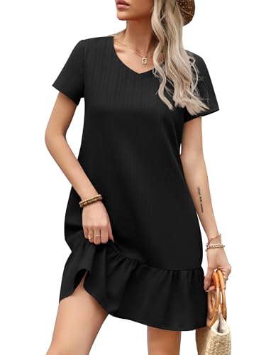 Missufe Damen Sommerkleid V Ausschnitt Kurzarm Rüschen Freizeit Lose Tunika T-Shirt Kurzes Kleid (Schwarz, Mittel) von Missufe
