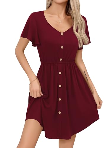 Missufe Damen Sommerkleid V-Ausschnitt Rüschenärmel Knopfleiste A-Linie Swing Freizeitkleid (Burgunderrot, Mittel) von Missufe