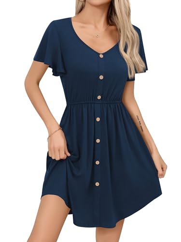 Missufe Damen Sommerkleid V-Ausschnitt Rüschenärmel Knopfleiste A-Linie Swing Freizeitkleid (Pfauenblau, Klein) von Missufe