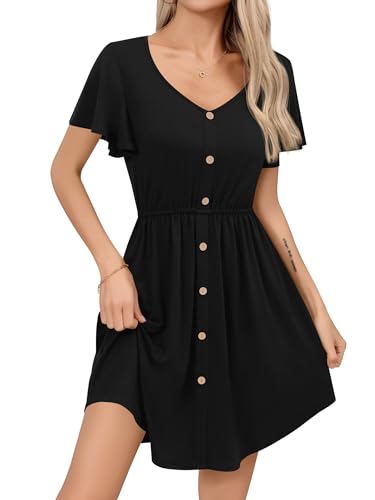 Missufe Damen Sommerkleid V-Ausschnitt Rüschenärmel Knopfleiste A-Linie Swing Freizeitkleid (Schwarz, Groß) von Missufe