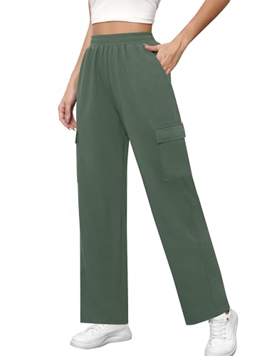 Missufe Damen Sporthose Jogginghose Sweathose Yogahose Freizeithose Cargo Lang Weites Bein Sweatpants mit Tasche (Graugrün, Large) von Missufe