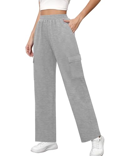 Missufe Damen Sporthose Jogginghose Sweathose Yogahose Freizeithose Cargo Lang Weites Bein Sweatpants mit Tasche (Heidegrau, Medium) von Missufe