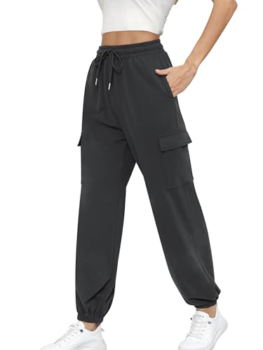 Missufe Damen Sporthose Jogginghose Trainingshose Lounge Cinch-Bottom Lang Freizeithose Sweatpants Mit Taschen (Dunkelgrau, X-Groß) von Missufe