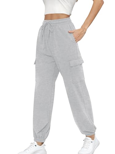 Missufe Damen Sporthose Jogginghose Trainingshose Lounge Cinch-Bottom Lang Freizeithose Sweatpants Mit Taschen (Heidekraut Grau, Groß) von Missufe