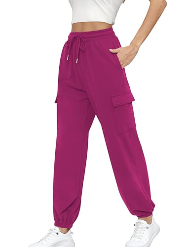 Missufe Damen Sporthose Jogginghose Trainingshose Lounge Cinch-Bottom Lang Freizeithose Sweatpants Mit Taschen (Heißes Rosa, X-Groß) von Missufe