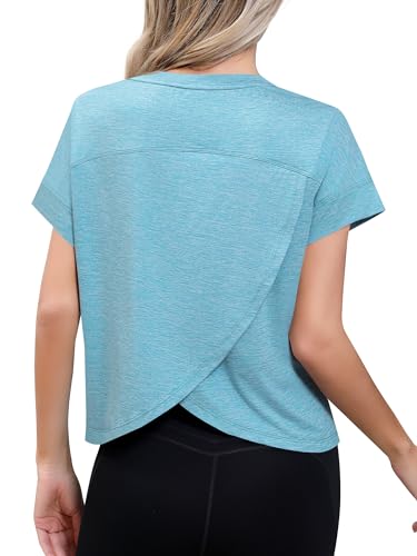 Missufe Damen Sportshirt Kurzarm Yoga Sporttop Sommer Tshirt 2025 Rundhals Open Back Fitness Oberteile (Blau, X-Large) von Missufe