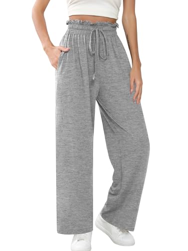 Missufe Damen Stretch Hohe Taille Elegant Palazzo Hose Gerade Lounge Lang Freizeithose mit Taschen(Heidekraut Grau, Mittel) von Missufe