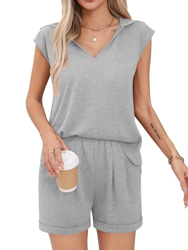 Missufe Damen Traingsanzug Ärmellos Hoodie und Shorts Lockerer Freizeitanzug 2 Teiler Outfit mit Taschen (Heidekraut Grau, Groß) von Missufe
