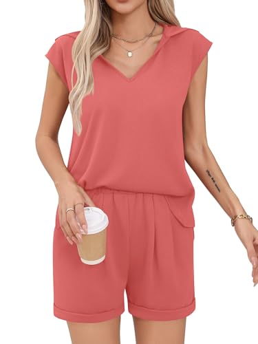 Missufe Damen Traingsanzug Ärmellos Hoodie und Shorts Lockerer Freizeitanzug 2 Teiler Outfit mit Taschen (Korallenrosa, X-Groß) von Missufe