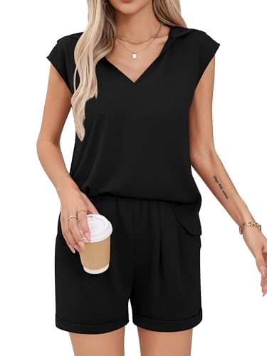 Missufe Damen Traingsanzug Ärmellos Hoodie und Shorts Lockerer Freizeitanzug 2 Teiler Outfit mit Taschen (Schwarz, Groß) von Missufe
