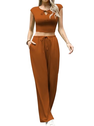 Missufe Damen V-Ausschnitt Crop Top Gerade Lang Hose Set Sommer Lounge 2 Teiler Outfit mit Taschen (Karamellfarbe, Groß) von Missufe
