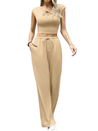 Missufe Damen V-Ausschnitt Crop Top Gerade Lang Hose Set Sommer Lounge 2 Teiler Outfit mit Taschen (Khaki, Groß) von Missufe