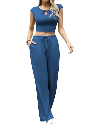 Missufe Damen V-Ausschnitt Crop Top Gerade Lang Hose Set Sommer Lounge 2 Teiler Outfit mit Taschen (Königsblau, Klein) von Missufe