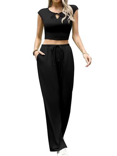 Missufe Damen V-Ausschnitt Crop Top Gerade Lang Hose Set Sommer Lounge 2 Teiler Outfit mit Taschen (Schwarz, X-Groß) von Missufe