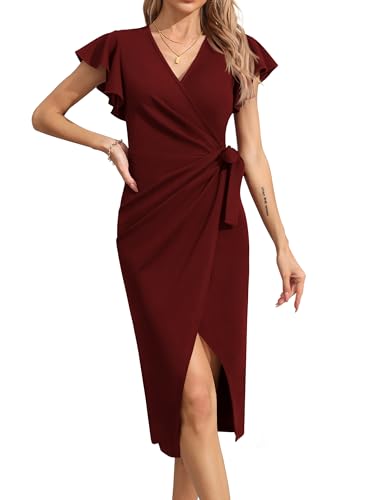 Missufe Damen V Ausschnitt Tie Schlitz Cocktail Party Wickelkleid Figurbetont Midi Festliche Abendkleid (Burgunderrot, Klein) von Missufe