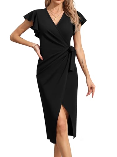 Missufe Damen V Ausschnitt Tie Schlitz Cocktail Party Wickelkleid Figurbetont Midi Festliche Abendkleid (Schwarz, Klein) von Missufe