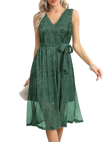 Missufe Damen Wickel V-Ausschnitt Ärmellos Swing Glitzer Cocktail Party Abendkleid mit Gürtel (Dunkelgrün, Mittel von Missufe