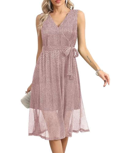 Missufe Damen Wickel V-Ausschnitt Ärmellos Swing Glitzer Cocktail Party Abendkleid mit Gürtel (Rosa, X-Groß von Missufe