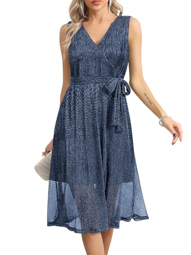 Missufe Damen Wickel V-Ausschnitt Ärmellos Swing Glitzer Cocktail Party Abendkleid mit Gürtel (Silber Blau, Groß von Missufe