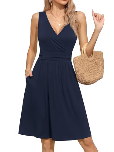 Missufe Damen Wickelkleid Sommerkleid A Linien Swing V-Ausschnitt Knielang Ärmellos Freizeitkleid mit Taschen (Marineblau, Medium) von Missufe