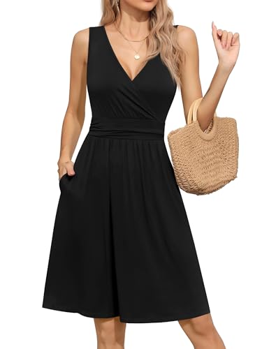 Missufe Damen Wickelkleid Sommerkleid A Linien Swing V-Ausschnitt Knielang Ärmellos Freizeitkleid mit Taschen (Schwarz, Medium) von Missufe