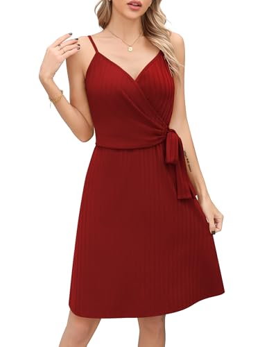 Missufe Damen Wickelkleid Sommerkleid Freizeitkleid A Linien Swing Knielang V-Ausschnitt Spaghettiträgerkleider mit Krawatte (Rot, XL) von Missufe