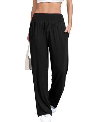 Missufe Damen Yogahose Jogginghose Sporthose Sweathose Freizeithose Lang Weites Bein Sweatpants mit Tasche (Schwarz, Small) von Missufe