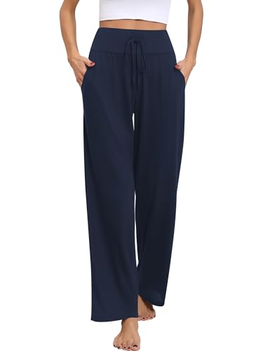 Missufe Damen Yogahose Schlafanzughose Freizeithose Lang Pyjamahose 2025 Stretch Weites Bein Hose (Dunkelblau, Medium) von Missufe
