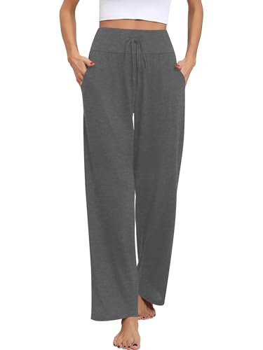 Missufe Damen Yogahose Schlafanzughose Freizeithose Lang Pyjamahose 2025 Stretch Weites Bein Hose (Grau, Medium) von Missufe