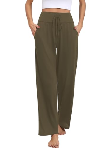 Missufe Damen Yogahose Schlafanzughose Freizeithose Lang Pyjamahose 2025 Stretch Weites Bein Hose (Khaki, Medium) von Missufe