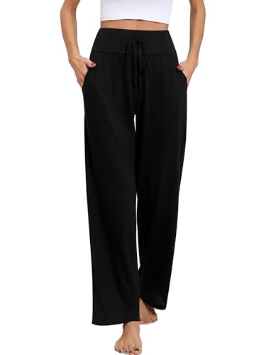 Missufe Damen Yogahose Schlafanzughose Freizeithose Lang Pyjamahose 2025 Stretch Weites Bein Hose (Schwarz, Large) von Missufe