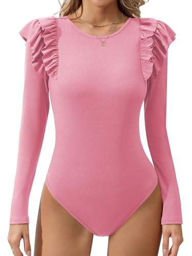 Missufe Elegant Body Rüschen Langarm Stricktop Damen Rundhals Oberteil (Rosa, X-Large) von Missufe