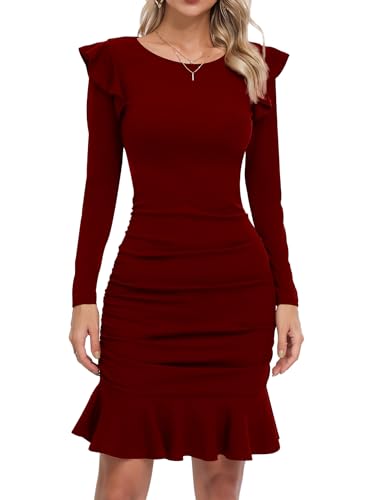 Missufe Elegant Bodycon Partykleid Cocktailkleid Minikleider Damen Kurz Enges Langarm Rüschenkleid (Weinrot, Groß) von Missufe