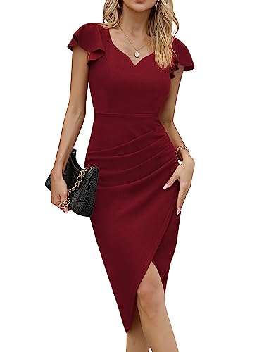 Missufe Elegant Cocktailkleid Bodycon Wickelkleid Midikleid Damen Partykleid Sommerkleid Vintage Rüschenkleid Kleider (Burgunderrot, Mittel) von Missufe