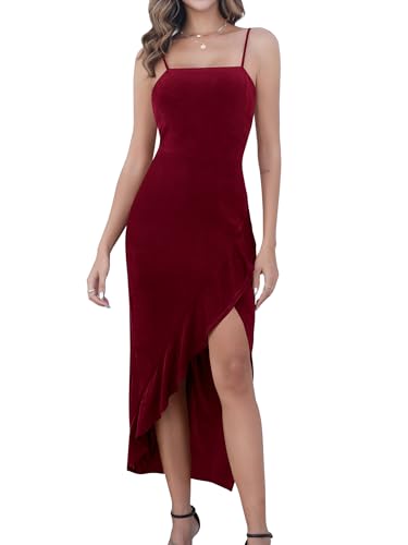 Missufe Elegant Mit Schlitz Rüschen Abendkleider Damen Partykleid Cocktailkleid Festliche Bodycon Midikleid Spaghettiträger Kleider (Jujube-Rot, Mittel) von Missufe