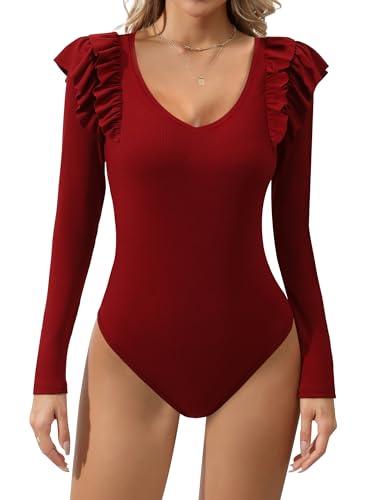 Missufe Elegant Oberteil Rüschen Body Top Damen Langarm V-ausschnitt Ribbed Bodysuit (Rot, X-klein) von Missufe