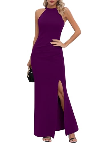 Missufe Elegant Schlitz Neckholder Ärmelloses Abendkleid Damen Bodycon Lang Maxikleid Partykleid Ballkleider (Lila, Mittel) von Missufe