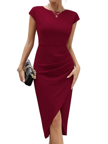 Missufe Elegant Wickelkleid Partykleid Figurbetontes Abendkleider Damen Cocktailkleid Bodycon Midikleid Sommerkleider (Burgund, S) von Missufe