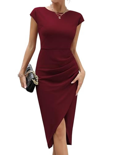 Missufe Elegant Wickelkleid Partykleid Figurbetontes Midikleid Damen Cocktailkleid Bodycon Sommerkleider (Weinrot, Medium) von Missufe