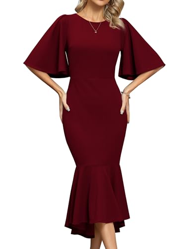 Missufe Festlich Meerjungfrau Bodycon Figurbetont Ballkleid Damen Cocktail Midi Rundhalsausschnitt Ausgestelltes Kurzarm Abendkleid (Burgunderrot, Mittel) von Missufe