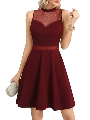 Missufe Festliches Party Mesh Stehkragen Cocktailkleid Damen Ärmellos Netzstoff A-Linie Swing Vintage Abendkleider (Burgunderrot, Klein) von Missufe
