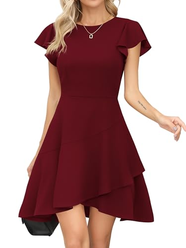 Missufe Flatterärmel Cocktailkleid Rundhalsausschnitt Rüschen Partykleid Damen A Linien Abendkleid Skater Kurz Kleider (Burgunderrot, X-groß) von Missufe