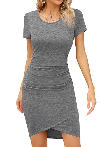 Missufe Freizeitkleid Bodycon Kurzarm Sommerkleid Wickelkleid Damen Kleid Kurz Enges Mini T Shirt Kleid (Dunkelgrau, Klein) von Missufe