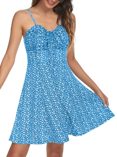 Missufe Freizeitkleid Sommerkleid Spaghettiträger Swing Blumenkleider Damen Cami Kleider (Blau, X-Large) von Missufe